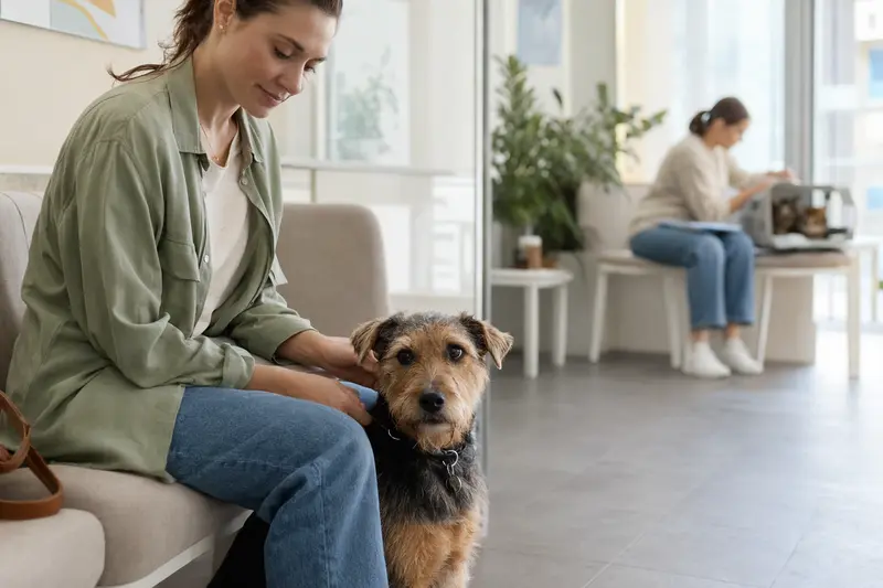Ein Paisley Terrier sitzt ruhig neben seinem Besitzer im hellen Wartezimmer einer modernen Tierarztpraxis.